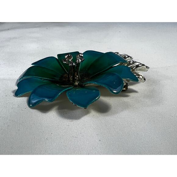 Vintage Coro Flower Brooch Teal Blue Enamel Rhinestone Leaves MCM Ornate RARE - Picture 12 of 16
